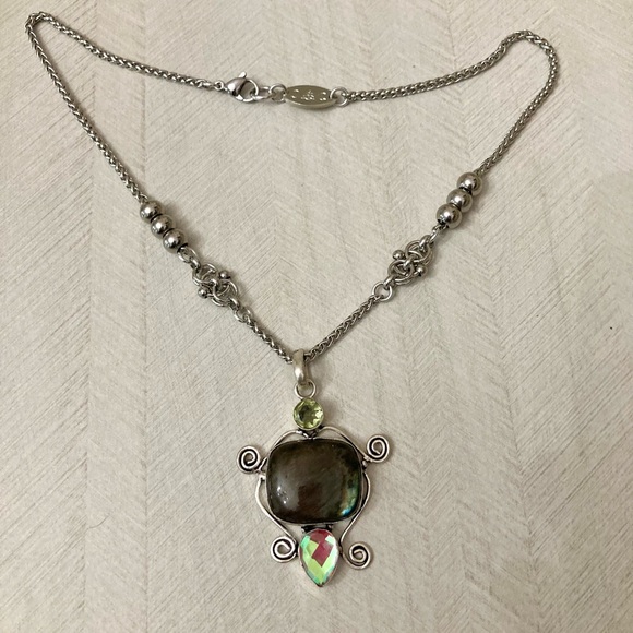 Flash iridescent grey green labradorite yellow citrine iridescent stone necklace - Picture 15 of 16